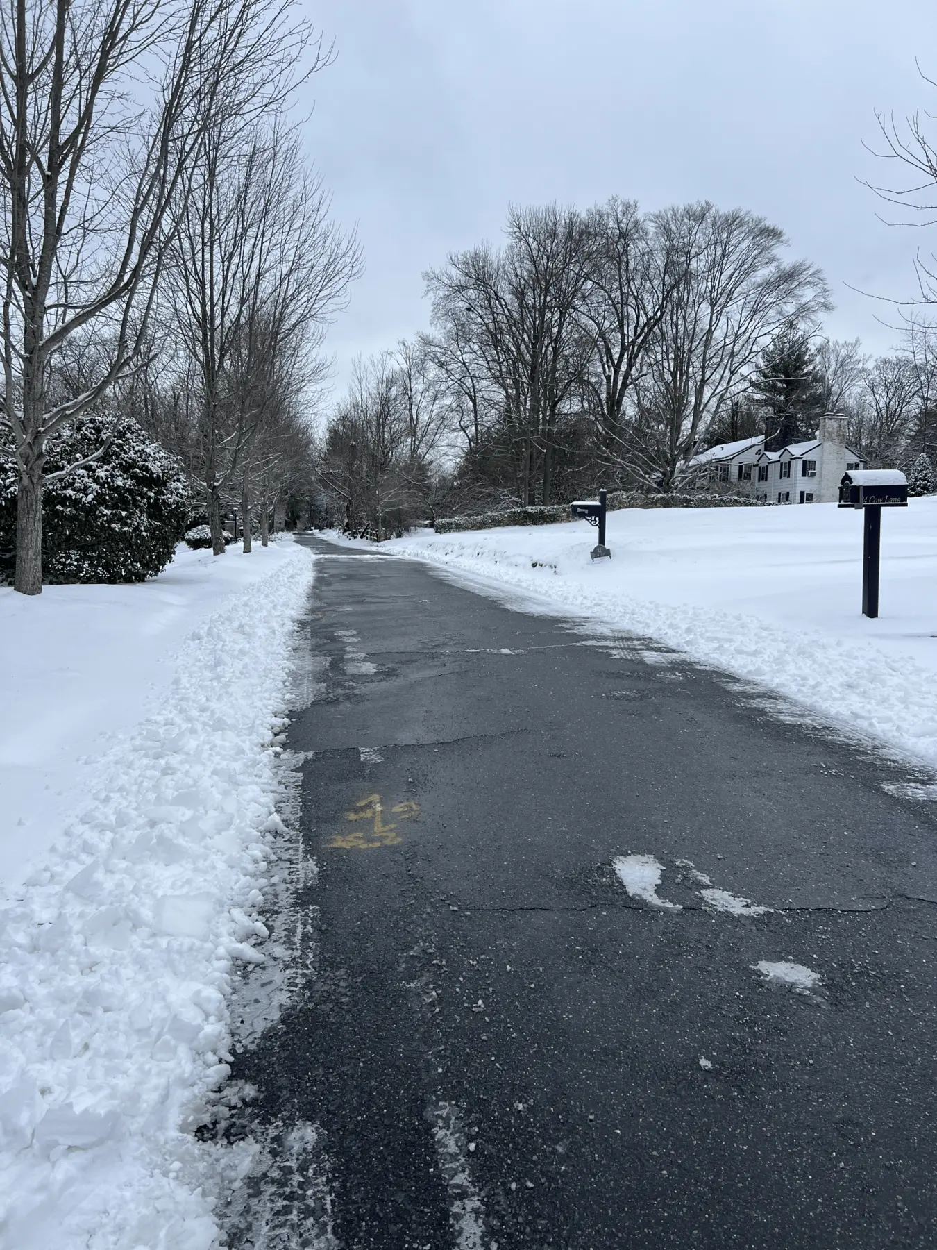 Residential road plowed down to bare pavement with snow banked along both sides